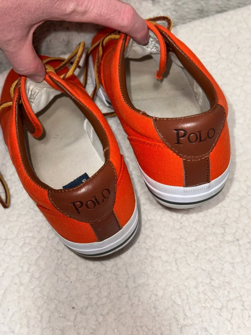 Polo by Ralph Lauren Vaughn Orange Canvas Sneakers with Brown Trim Men Sz 10.5D